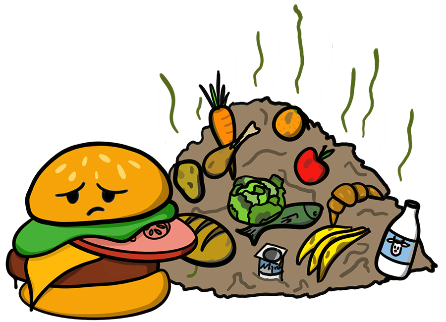 Burger mascot with statistics about food waste